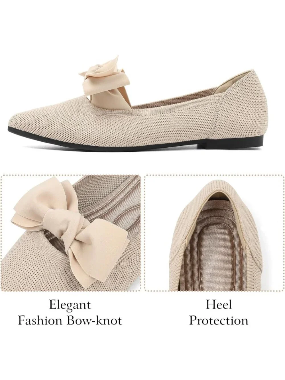 Women's Beige Mary Jane Shoes Pointed Toe Ballet Flats Dressy Comfortable